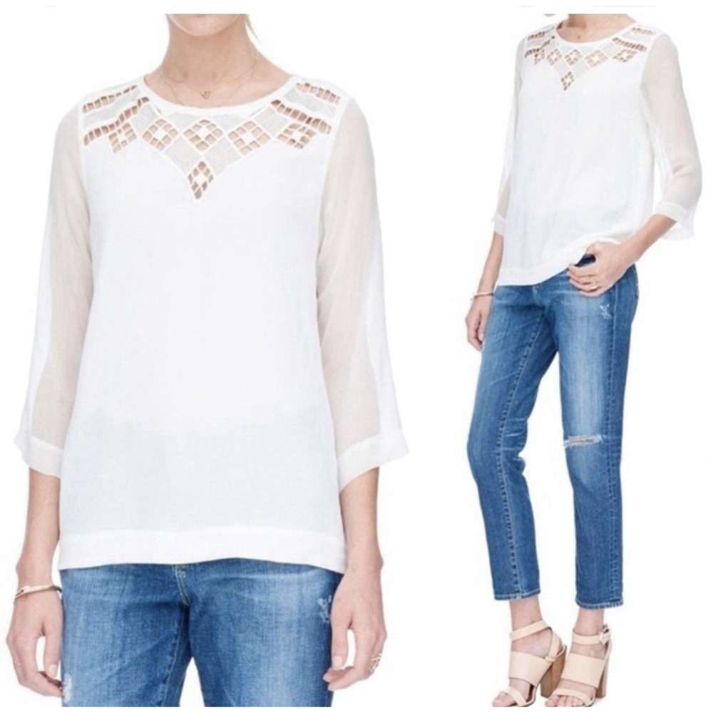 Rebecca Taylor Ivory Lace Yoke Silk Trim Blouse Sz 8 Feminine Romantic Boho